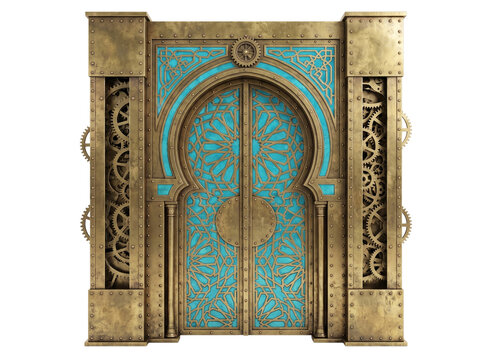 Ornate Steampunk Moroccan Portal with Brass Gears and Islamic Geometric Patterns