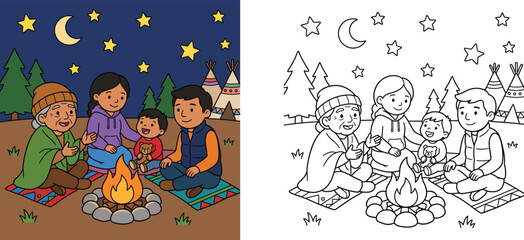 Family camping around a campfire under a starry night sky, vector illustration with a matching black and white coloring book page for kids © MMONIR