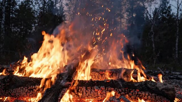 Intense Fire and Sparks Explosion in Forest Fire Scene.