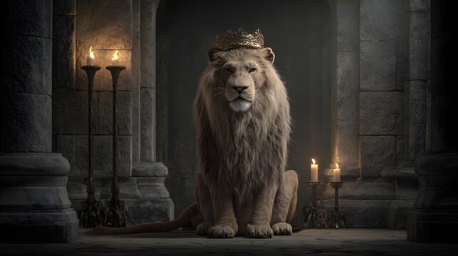 Regal lion wearing crown sits in ancient stone hallway with sitting stone floor dimly lit hallway photorealistic lion architecture candelabras