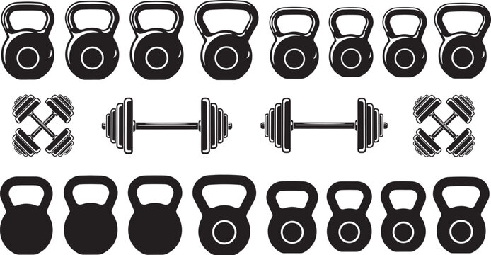 Fitness equipment collection featuring heavy kettlebells and metal gym dumbbells displayed on grey checkered background for exercise routines or workout design.