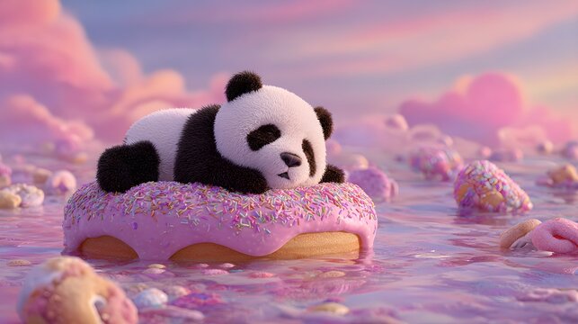 Adorable panda bear lounging on giant donut in pink landscape with sprinkles dreamy landscape landscape pastel clouds bear resting large relaxation