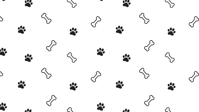 Seamless pattern with cute puppy paw prints and dog bones scattered across grey checkered background perfect for pet shop branding or animal theme projects.
