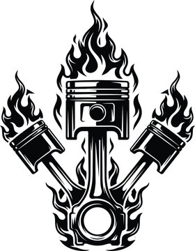 Flaming engine piston and connecting rods with fire isolated on transparent background
