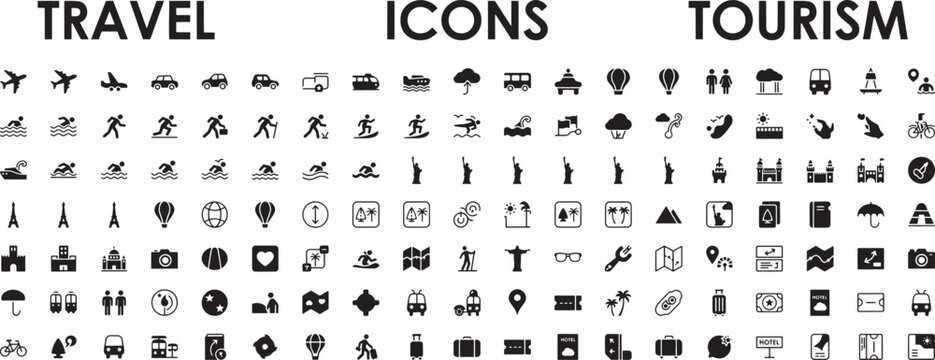 Extensive travel and tourism icon set featuring transportation holiday activities landmarks and vacation gear symbols for navigation map or booking websites.
