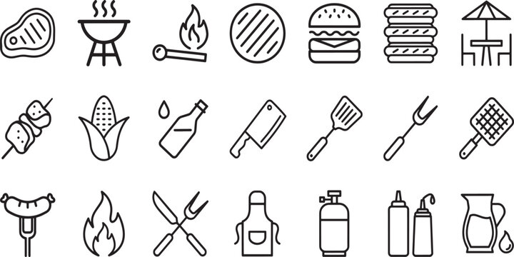 Bbq grill line icon set with barbecue tools steak burger and sausage equipment for summer picnic backyard party cookout outdoor cooking food preparation.