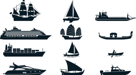 Ship and Boat Silhouette Vector Set Featuring Cruise Liner Cargo Container Ship Sailboat Yacht Gondola Rowboat and Traditional Vessel Icons for Maritime Travel Designs © mdtaleb