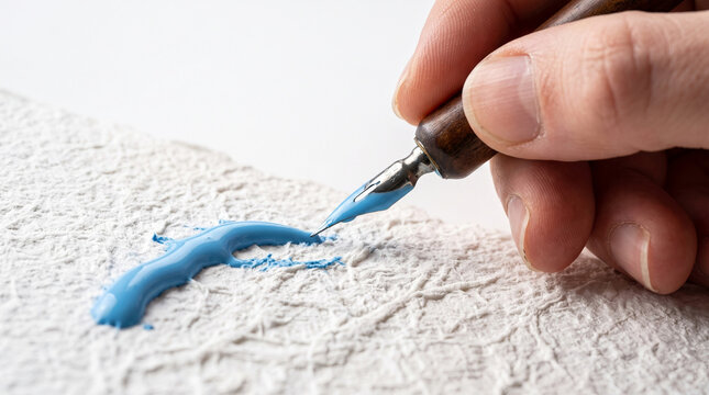 Hand using a wooden dip pen to draw with thick blue paint on textured paper