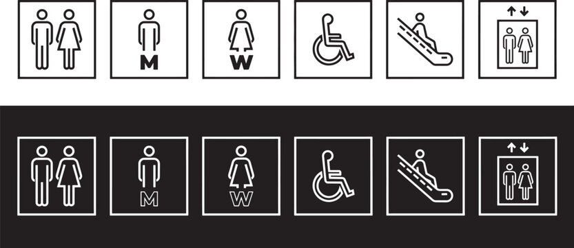 Public sign icon set for restroom handicap elevator and escalator navigation symbols in line art style for building facility and wayfinding information.