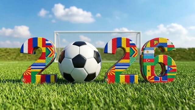 Soccer ball and 2026 numbers with world flags on green stadium field