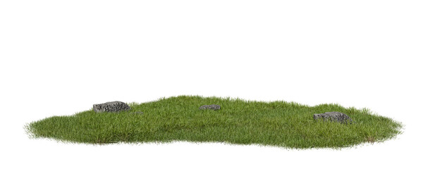 Obraz premium Patch of green grass grows on the ground with a few stones scattered on the surface. Bright light shines down during daytime, creating a natural setting. 3d render
