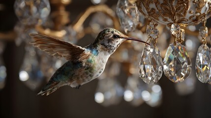 Fototapeta premium Hummingbird feeding from crystal chandelier with gold accents with flight feeding luxurious hummingbird mid decorative interior ornament with lighting