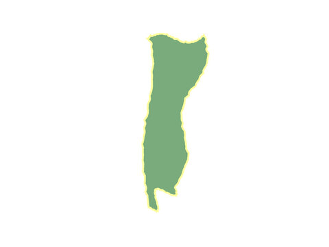 A flat green silhouette map of the country of guam with a yellow border