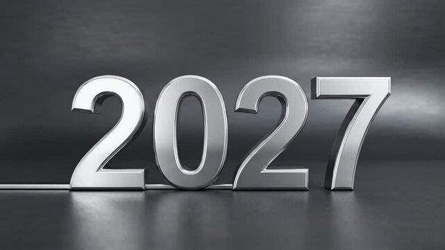 Three dimensional silver 2027 metallic numbers on dark reflective floor