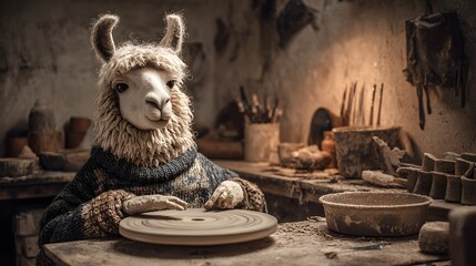 Fototapeta premium Llama in a workshop with hyperrealistic llama wearing knit sweater working pottery wheel workshop potter s wheel studio lighting ceramics with creation