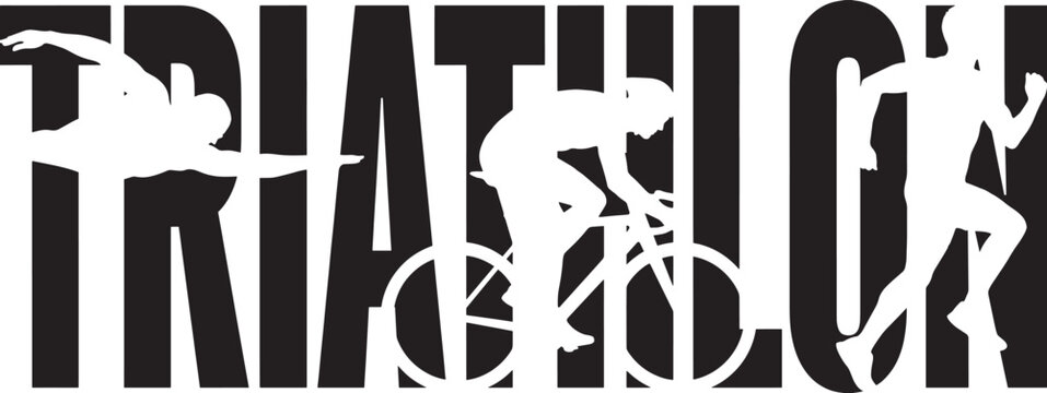 Graphic triathlon sports design featuring swimming cycling and running silhouettes integrated into bold typography for athletic competition event promotion.