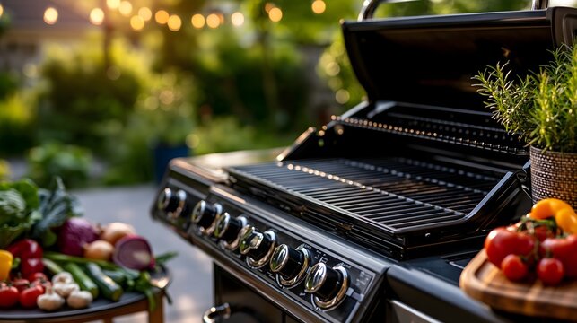 Moderner Gasgrill auf sonniger Terrasse bereit f&uuml;r den perfekten Grillabend