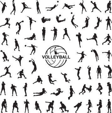 Extensive collection of volleyball player silhouettes in various action poses surrounding central spherical ball design for sports tournament branding project.