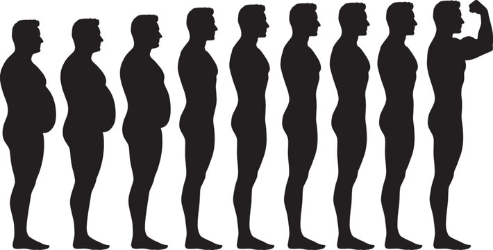 Progressive transformation sequence of male silhouette showing weight loss journey from overweight body to muscular fitness physique for health guide design.