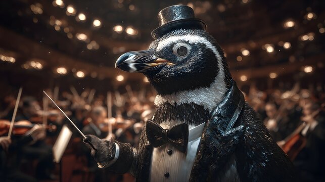 Elegant penguin conductor leads orchestra in formal attire with holding baton leading orchestra grand concert hall hyper realistic penguin wearing tuxedo top hat
