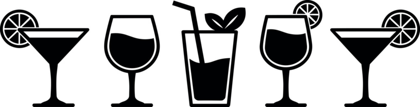 Cocktail and drink vector icon set with martini wine glass and lemon garnish silhouettes isolated