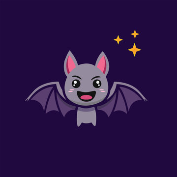 cute kawaii halloween bat character cartoon vector illustration on dark purple background