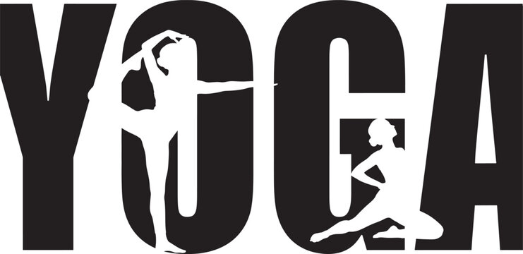 Yoga lettering logo design with human silhouettes and bold typography on transparent background for fitness branding sport advertisement wellness posters.