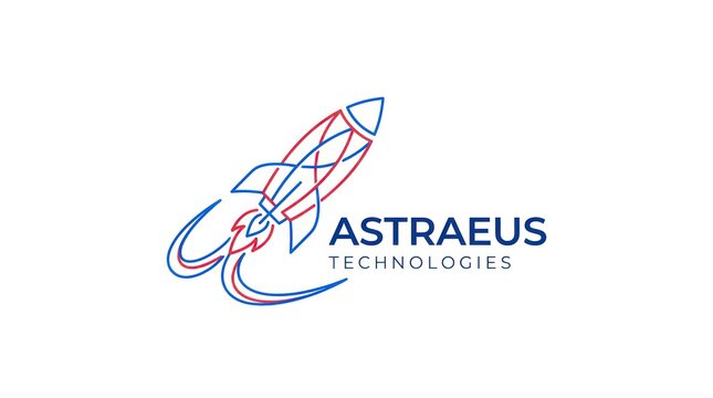 Elegant thin line rocket ship logo for astraeus technologies on plain white background art.