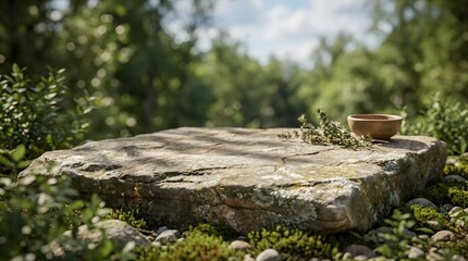Fototapeta premium Stone pedestal resting on mossy forest floor with small earthen bowl and wild herbs against blurred green woodland trees background perfect for natural product display photography.