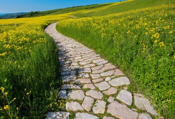 Obraz premium Sunlit stone pathway winding through a vibrant yellow wildflower meadow under a clear blue sky