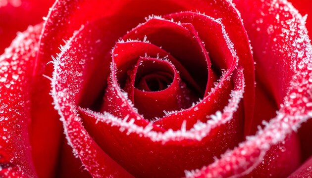 Close up macro view of frozen single red rose flower petals covered in crystal ice rime frost winter nature photography background