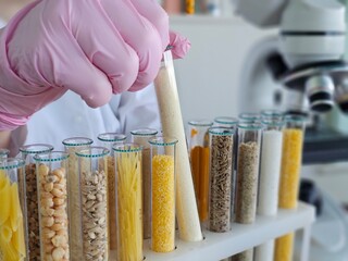 Scientist conducts an experiment with test tubes filled with various food samples in a lab © Nadzeya