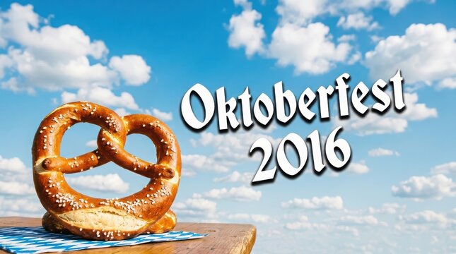 Salted pretzel on a blue and white checkered tablecloth against a bright blue cloudy sky