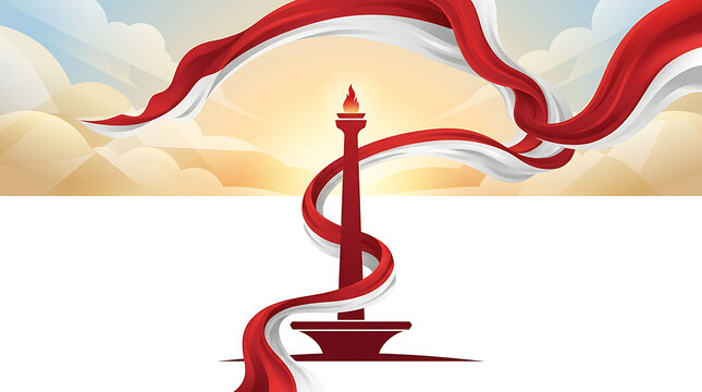 Majestic Monas Monument Illustration with Indonesian Flag Ribbons for Independence Day Celebration Background