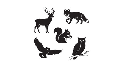 Fototapeta premium Various animal silhouettes on a white background, featuring deer, fox, squirrel, owl, and bird in flight.