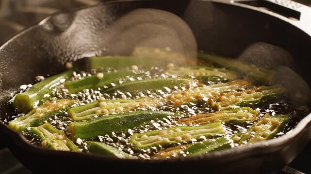 Chopped Green Okra Slices Frying and Sizzling in Hot Boiling Oil