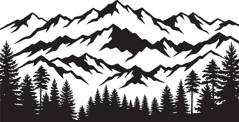 Snowy mountain range with evergreen forest illustration isolated on transparent background, Vector, illustration © Kabir 2.0