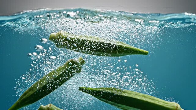 Whole Fresh Green Okra Pods Dropping and Splashing Into Clear Water