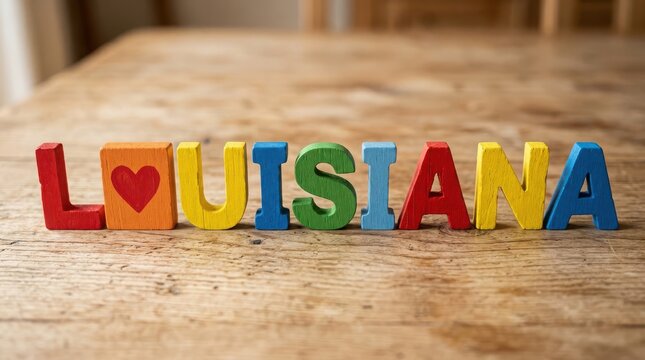 Colorful wooden letters spelling louisiana with a red heart symbol on a rustic wooden table