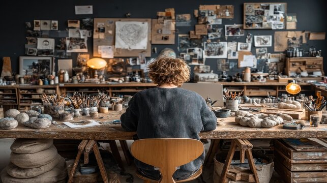 Artist at work, facing a cluttered desk in an art-filled workshop