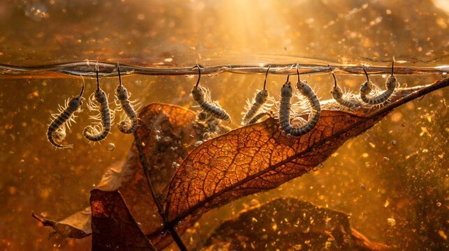 Tiny mosquito larvae wriggling and hanging from the water surface near a fallen autumn leaf