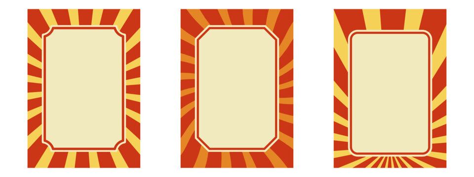 Retro circus frame set. Vertical sunburst ray backgrounds with rounded borders. Red, orange, yellow beams, cream fill. For poster, carnival banner, flyer, invitation. Vector decorative elements.
