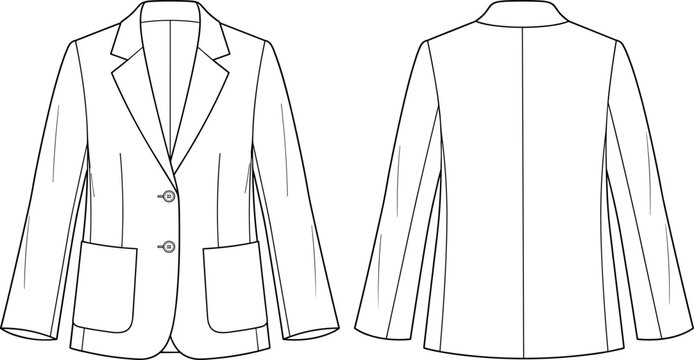 Womens business blazer jacket front and back view formal office suit clothing template line art vector illustration,