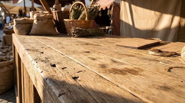 Rustic wooden table top featuring wicker baskets filled with dried herbs and brown paper bags displayed on street market stall under warm golden hour sunlight in outdoor setting.