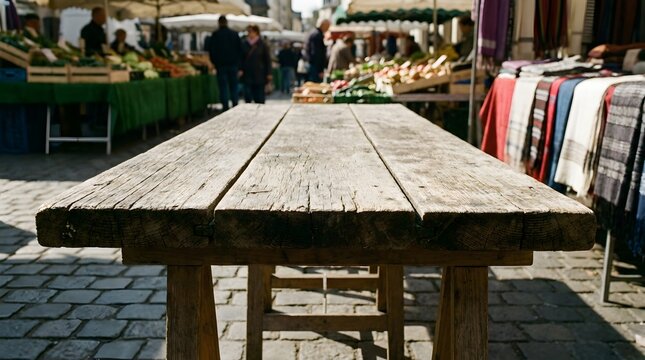 Rustic wooden table standing on stone pavement at outdoor marketplace with blurred market stalls in background featuring fresh produce display under canopy during bright sunny daytime hours.