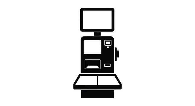 Cash register silhouette with display screen and card reader black on white background silhouette