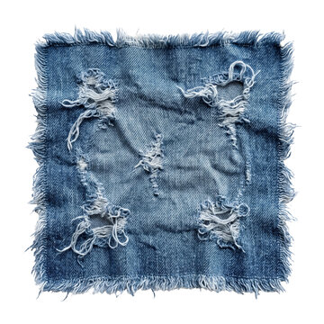 Ripped and frayed medium blue denim fabric patch