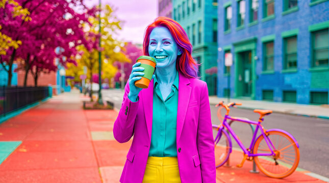 Femme buvant un caf&eacute; dans une rue urbaine aux couleurs surr&eacute;alistes