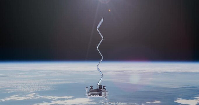 A satellite deploys its long zigzag solar panel array in orbit high above Earth, backlit by the bright sun.