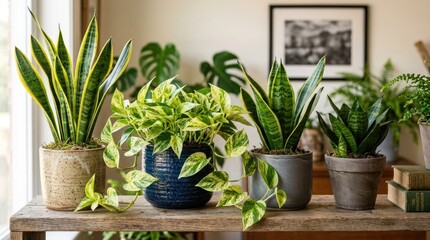 Fototapeta premium Indoor plants on a wooden table with pots and books